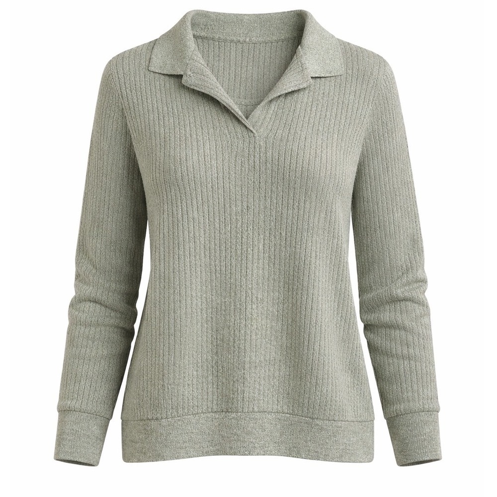 Haband Ribbed Knit Polo sweater‎ Green V-Neck Long Sleeve Medium grandpacore